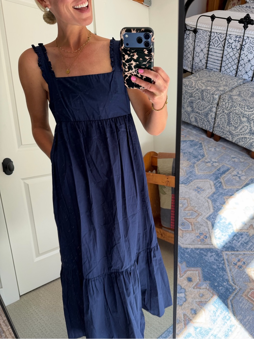 Navy Square-Neck Tiered Maxi Dress